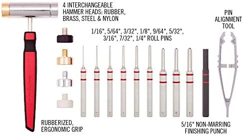 Real Avid Roll Pin Punch Set & Hammer + Non-Slip Magnetic Bench Block | 10 Nickel-Plated Steel Roll Pin Punches