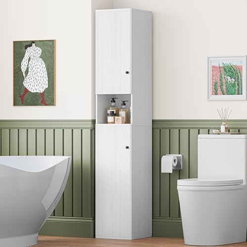 64" Narrow Bathroom Storage Cabinet with Adjustable Shelves and Drawer | 6-Tier Tall Slim Storage Cabinet, Anti-Tip Kit Included