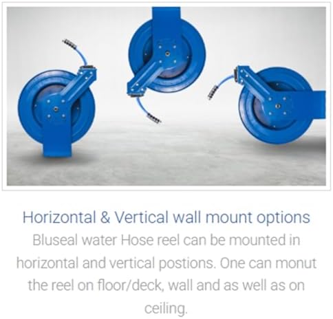 BLUSEAL BSWR5850 Retractable Hose Reel with 5/8" x 50' Hot Water Rubber Hose, 6' Lead-in, 500 PSI, Brass Fittings, Swivel Mount Hose Reel