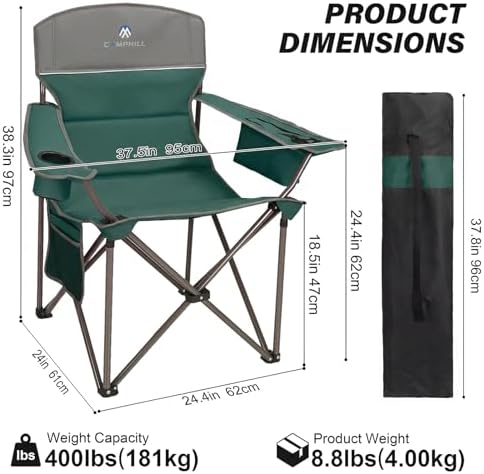 Oversized Camping Chairs 2 Pack - Heavy Duty 400LBS Padded Lawn Chair with Cooler Bag,Cup Holder,Side Pocket,Collapsible for Outdoor,Camp,Fishing & Garden,Dark Green