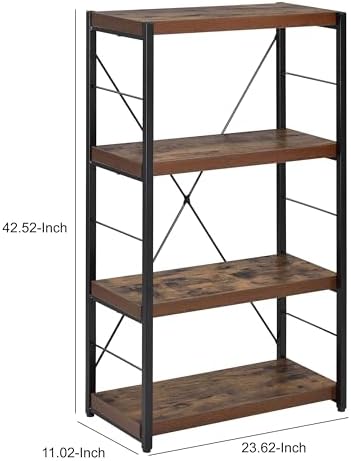 Benjara Four Tiered Metal Framed Wooden Bookshelf, Brown and Black