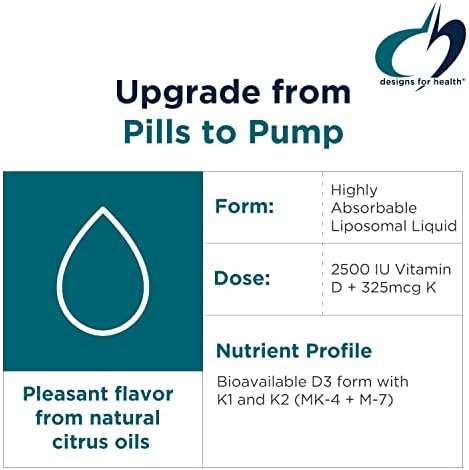 Designs for Health Liposomal D Supreme Vitamin D Liquid - 2500 IU Vitamin D3 + Vitamin K (K1 + K2) - Liposomes for Superior Absorption - Non-GMO
