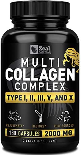 Multi Collagen Peptides Pills (Types Ⅰ, Ⅱ, Ⅲ, Ⅴ, Ⅹ) Grass Fed Collagen Pills (180 Capsules) - Hydrolysate Collagen Protein Blend for Hair