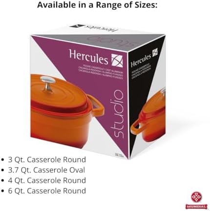 Hercules by Mundial, Cast-Aluminum Dutch Oven Pot with Lid & Handles, All Stove types, Oven-Safe Casserole Cookware with Nonstick Enamel, Orange 26L