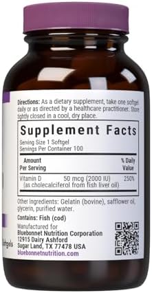 BlueBonnet Nutrition Vitamin D3 2000 IU, 100 Softgels | Strong Bones & Immune Support; Non-GMO