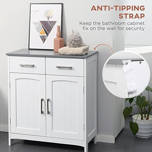 kleankin Bathroom Floor Cabinet Freestanding Linen Cabinet 2 Drawers White | Double Doors, Adjustable Shelf