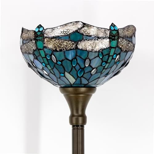 WERFACTORY Tiffany Floor Lamp Sea Blue Stained Glass Torchiere Pole Light | 12X12X71 Inches Dragonfly Standing Corner Torch Uplight Decor Bedroom