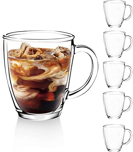 D.M DESIGN·MASTER [6 PACK, 12 OZ - Premium Glass Coffee Mugs with Handle. Transparent Tea Glasses for Hot/Cold Beverages