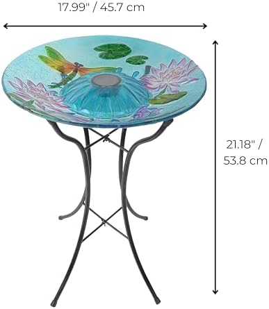 Teamson Home Handpainted Dragonfly Fusion Glass Solar Birdbath Bowl Feeder with LED Light for Outdoor Patio Garden Backyard Decking Decor