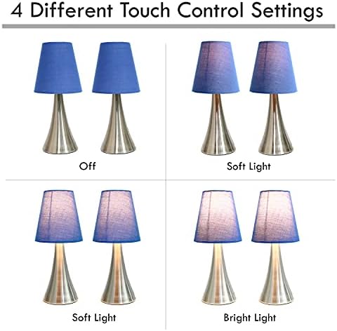 Simple Designs LT2014-WHT-2PK Valencia Brushed Nickel Mini Touch Table Lamps with Fabric Shades, White (Pack of 2)
