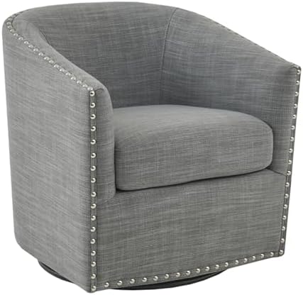 Madison Park Swivel Barrel Accent Chair, Upholstered Curved Back with 7-Inch Thick Woven Cushion, 360° Swivel, Nailhead Trim, Comfy Chair for Living Room, Bedroom, Office, 28" Wide, Neutral, Tyler