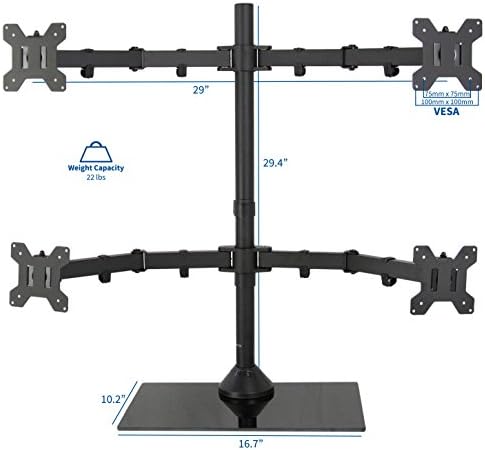 VIVO Black Adjustable Quad Monitor Desk Stand Mount, Free Standing Heavy Duty Glass Base, Holds 4 Screens up to 27 inches, STAND-V004FG
