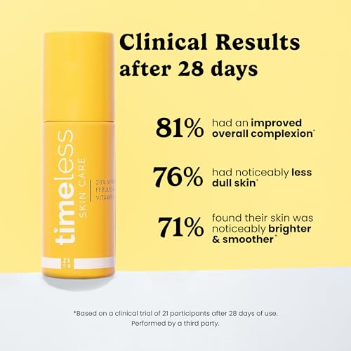 Timeless Skin Care Vitamin C Serum with Vitamin E & Ferulic Acid - Brightening Serum - for Oily & Dry Skin - Fragrance-Free - 1 oz | Vitamin C Serum for Even Skin Tone and Collagen Support, Antioxidant-Rich Advanced Skincare Formula, Lightweight