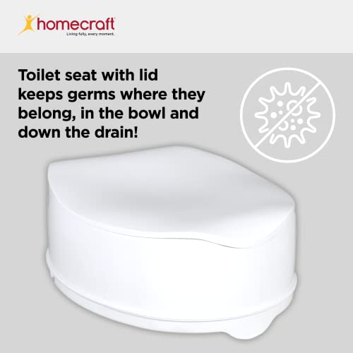Homecraft Savanah Raised Toilet Seat 2" with Lid, Elongated & Elevated Lock Seat Support for Elderly, Handicapped and Disabled Users, White Colour | Elevated toilet seat riser for seniors and elderly; universal fit for most standard toilets, portable and…
