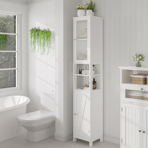 ChooChoo Narrow Bathroom Storage Cabinet with Light， Space Saving | Space Saving,Tall Bathroom Storage Cabinet, 5-Tier, 2 Doors, Slim, Freestanding, Adjustable Shelves, Black