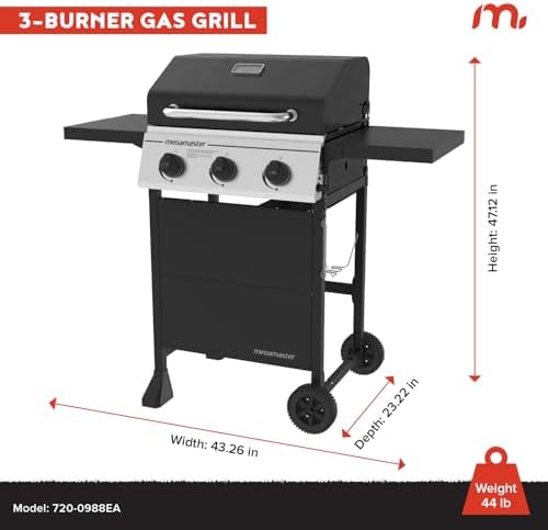 Megamaster Propane 3 Burner Gas Grill, Foldable Shelves with Warming Rack
