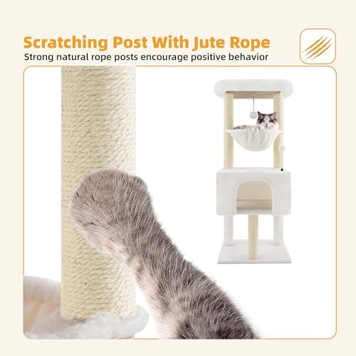 32" Cat Tree for Indoor Cats, 2-in-1 Cat House with Sisal Scratching Post & Ramp, 2-Level Cat Tower with Rotatable Feather & Ball Toys, Stable Grey Cat Condo for Small/Medium Cats, Grey