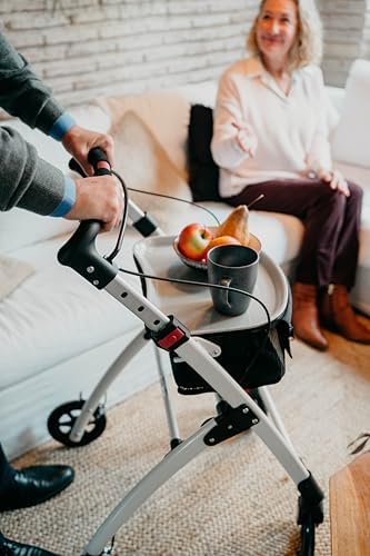 KMINA Narrow Walker for Small Spaces, Foldable Walker with Tray and Basket, 4 Wheels and Brakes, Lightweight Indoor Rollator for Seniors, Black, PRO Model