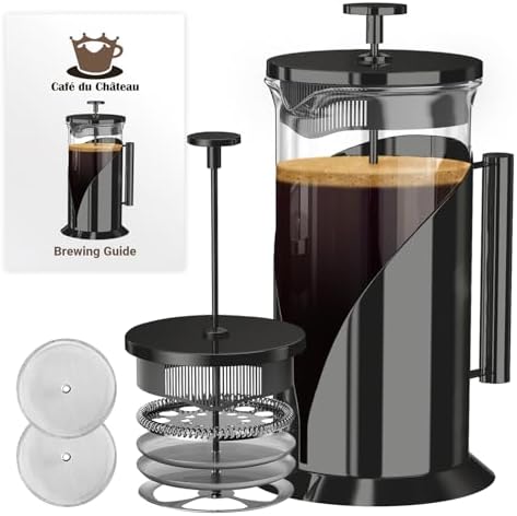 Cafe Du Chateau French Press Coffee Maker, 34 oz Glass, Stainless Steel | Easy Brew, Durable Clear Glass, 4-level Filtration, 34 oz Capacity, Coffee Press for Camping, Tea Brewer, BPA-Free Materials