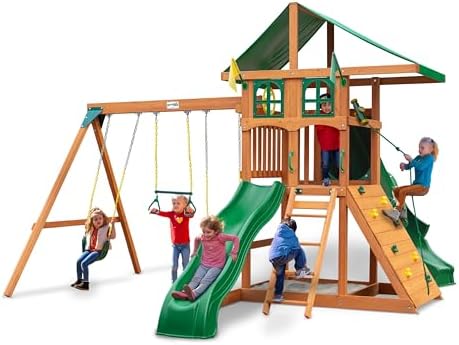 Gorilla Playsets 01-1089 Avalon Treehouse Swing Set with Oversized Green Vinyl Canopy Roof, Twister Tube Slide, Climbing Wall, Ladder