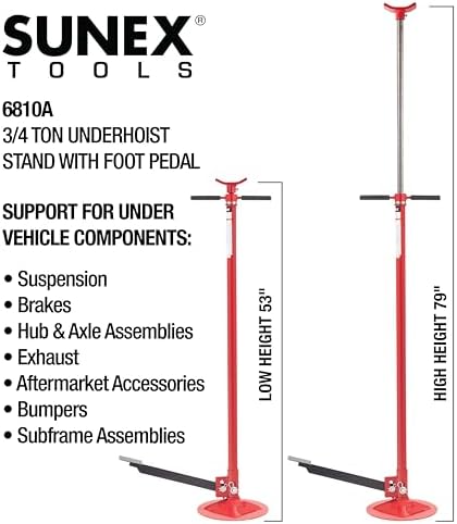 SUNEX TOOLS 6810A, Underhoist Support Stand with Foot Pedal, ¾ Ton Capacity, Large Base, Bearing Mounted Spin Handle, Height Adjustment Under Load, Lightweight, Supports Vehicle Components Only