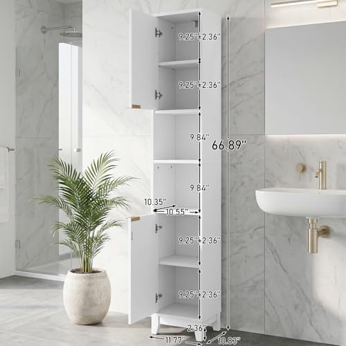 VINGLI White Fluted Tall Narrow Bathroom Cabinet, 67" Slim Freestanding Storage Cabinet for Small Spaces, Wood Linen Tower Floor Cabinet with 2 Doors