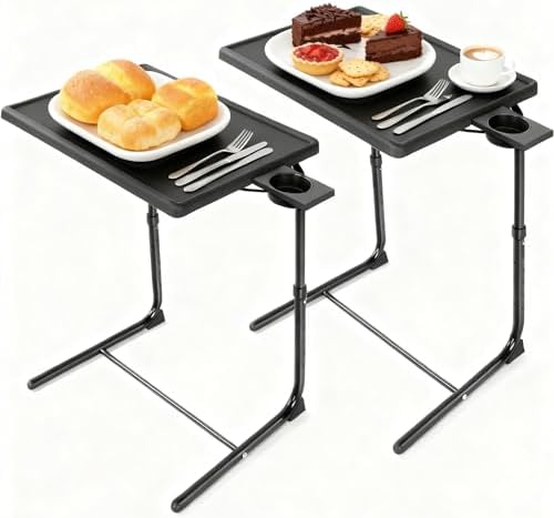HUANUO TV Trays Set of 2, TV Tray with 6 Height & 3 Tilt Adjustments, Black | 21.53" - 28.74" Height Range, Foldable, Cup Holder