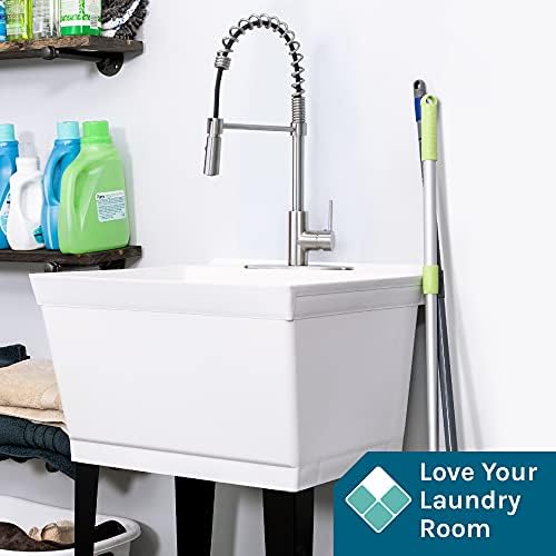 Utility Sink Extra-Deep Laundry Tub in White with High-Arc Stainless Steel Coil Pull-Down Sprayer Faucet, Integrated Supply Lines, P-Trap Kit