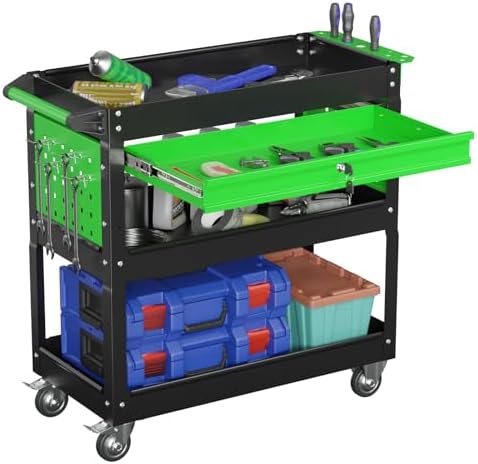3-Tier Heavy Duty Utility Cart on Wheels, Rolling Tool Cart on Wheels with a Drawer, 350 Lbs Load Capacity Service Cart for Warehous, Garage and Repair Shop (Black)