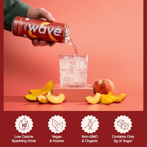 WAVE Organic Sparkling Drink, Soda Alternative, White Tea Peach Mango | No Added Sugar, Low Calorie, No Artificial Sweeteners, Coconut Water