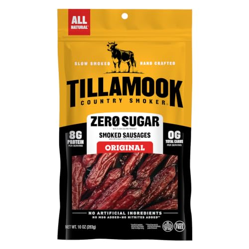 Tillamook Country Smoker Zero Sugar Spicy Jalapeno Smoked Sausages, 10 Oz, 9g Protein, Real Hardwood Slow Smoked High Protein, Low Carb Meat Sticks