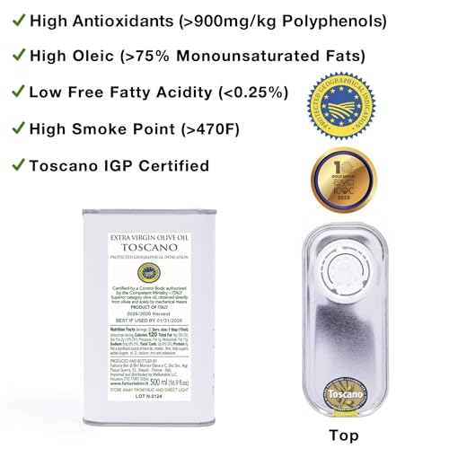 Fattoria Bini Tuscany Extra Virgin Olive Oil from Italy – 2025 Gold Award Winner, 900+ mg/kg Polyphenol-Rich Cold-Pressed evoo – No pesticides