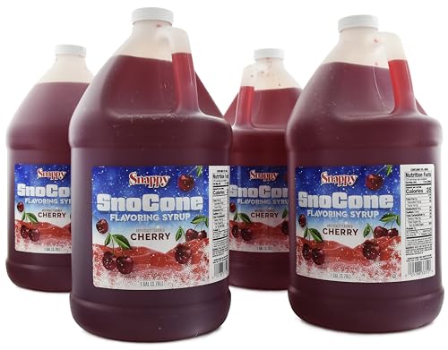 Snappy Cherry Sno Cone Syrup, 1 Gallon 4 Pack, Ready to Use for Snow Cone Machines and Shaved Ice