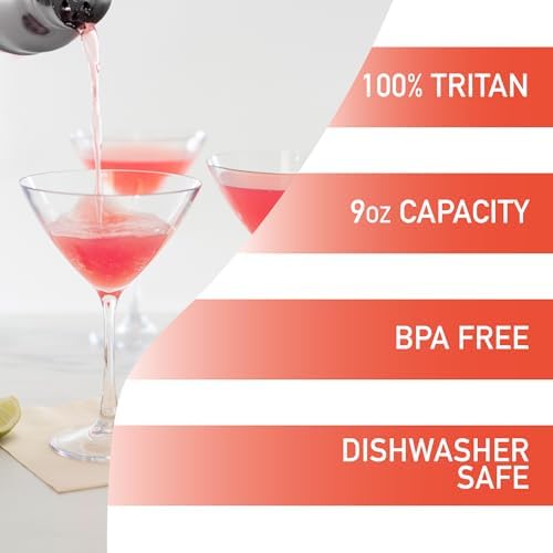 D'Eco 100% Tritan 9 oz Martini Glasses, Shatterproof Glassware, 8 Pack | Reusable