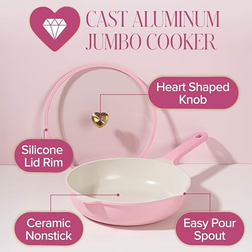 Paris Hilton Cast Aluminum Dutch Oven with Lid, Ceramic Nonstick Coating Made Without PFAS, PFOA, PFOS & PTFE, Heart Knob, 4.3-Quart, Pink