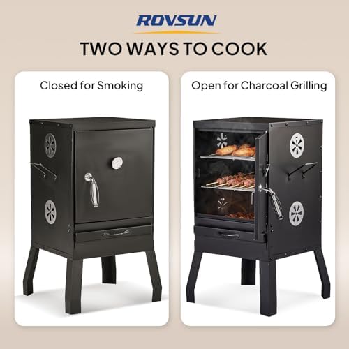 ROVSUN 2-in-1 Outdoor Smoker, Vertical Portable Charcoal Grill Smoker with Two Detachable Grill Smoking Racks and Charcoal Pan