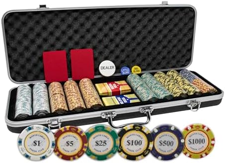 DA VINCI Monte Carlo Poker Club Set of 500 14 Gram 3 Tone Chips with Upgrade Ding Proof Black ABS Case, 2 Decks Plastic Playing Cards, 2 Cut Cards