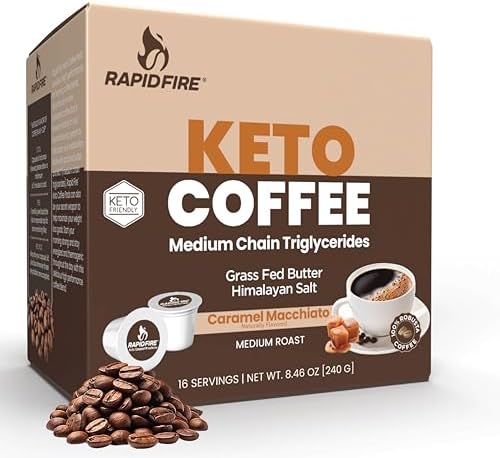 Rapidfire Caramel Macchiato Ketogenic High Performance Keto Coffee Pods, Supports Energy & Metabolism, Weight Management, Single Serve K Cup, Brown, 16 Count