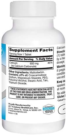 21st Century Calcium 600mg Tablets, Bone Strength Support, 75 Count | Calcium Carbonate 600 mg, Compare VS. Caltrate® 600, Bone Strength & Density Support, Vegan-Friendly, Non-GMO, Gluten Free