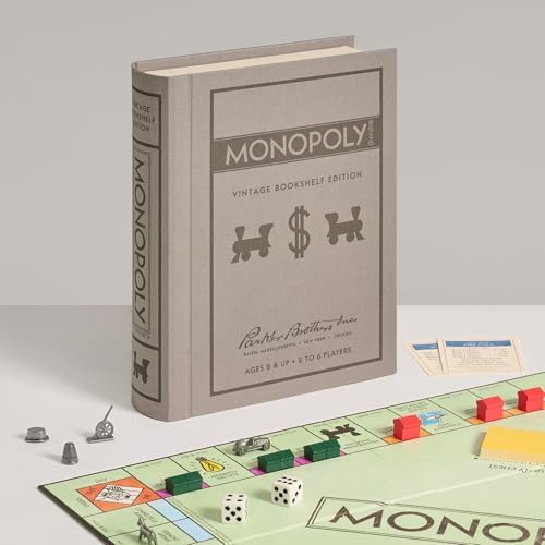WS Game Company Monopoly Vintage Bookshelf Edition Board Game Premium Fabric-Wrapped Book Storage Box with Retro Graphics, Wooden Houses
