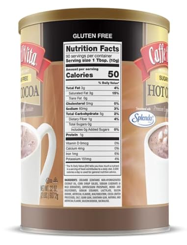 Caffe D'Vita Sugar Free Hot Cocoa Mix, Gluten Free - 10 Oz Can | Hot Chocolate Mix, Low Fat, No Cholesterol, No Hydrogenated Oils or Trans Fat, Kosher, Cocoa Bulk