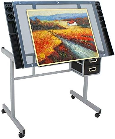 Adjustable Drafting Table Drawing Desk Art Craft Station Drafting Desk Glass Tabletop w/2 Slide Drawers and Wheels for Drawing, Sketching, Reading