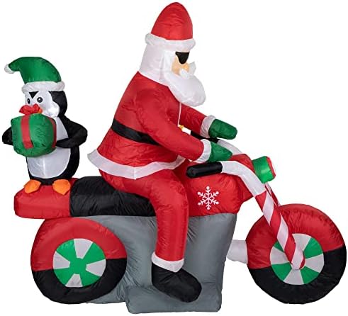 LED Lighted Santa and Penguin on Motorcycle Outdoor Christmas Inflatable - 5'