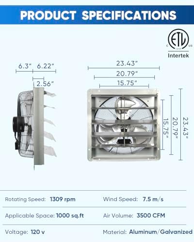 KEN BROWN 12 Inch Shutter Exhaust Fan Wall Mounted, Aluminum with 1.65 Meters Power Cord Kit, High Speed 1450CFM, Vent fan for Commercial, Greenhouse