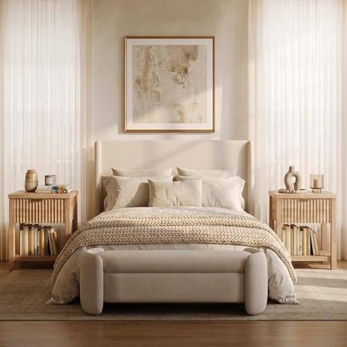 Fluted Night Stand Set of 2 with Golden Handle, Mid-Century Nightstands with Drawer, Bed Side Tables for Bedroom, Bedside Table with Storage Shelf