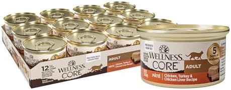 Wellness CORE Pate Adult Canned Wet Cat Food, Natural, Protein Rich, Grain Free, Turkey and Duck Recipe, 3 oz, Pack of 12 Cans