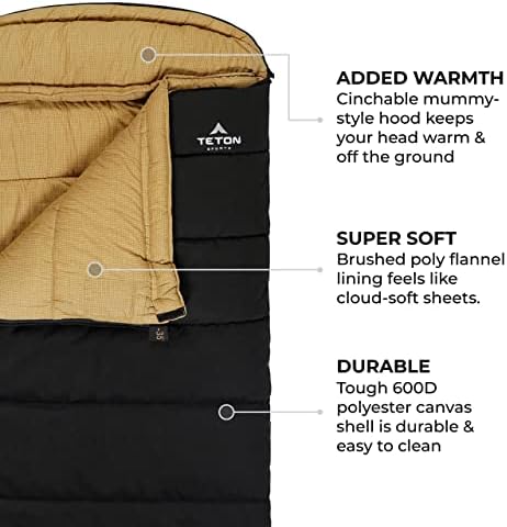 TETON Sports Deer Hunter Sleeping Bag, Warm and Comfortable Camping Sleeping Bag, Teton Tough Canvas Shell for Camping, Hunting, and Cold Weather