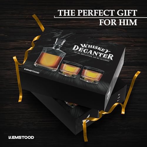 Kemstood Whiskey Decanter Sets for Men - Etched World Globe Design with Wood Stand & 2 Glass - Ideal for Dignified Drinking, Home Decor - Unique Whiskey Gifts for Men - 28 oz / 850 ml Capacity
