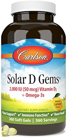 Carlson Solar D Gems, 2000 IU (50 mcg) Vitamin D3, Lemon, 360 Softgels | Vitamin D3 and Omega-3 Supplement, 115 mg Omega-3s EPA and DHA Supplement
