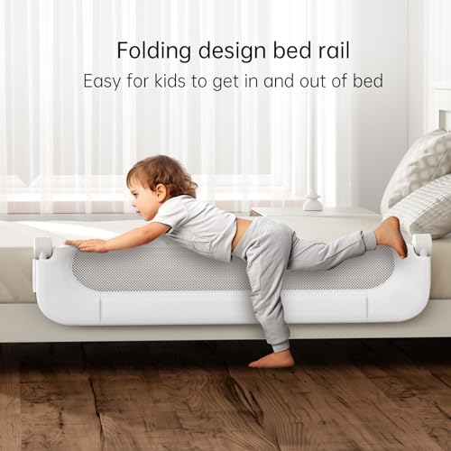 UPGOGO Folding Bed Rail for Toddlers, White, 71" L x 23.6" H | U-shaped base，Reinforced Anchors, Built-in Sponge , Secure lock